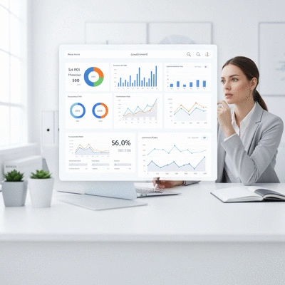 A business professional analyzing a dashboard showing social media ROI and conversion rates, with charts and graphs, no text, no words, no typography, 8K