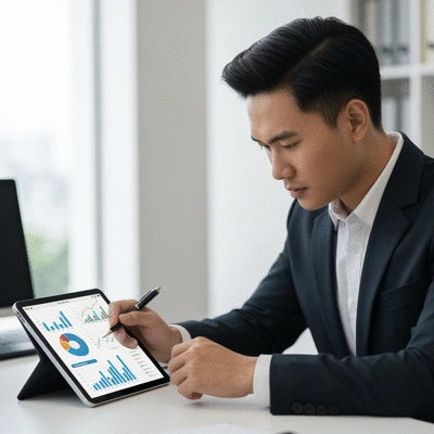 Person reviewing ROI data on a tablet, with charts and graphs