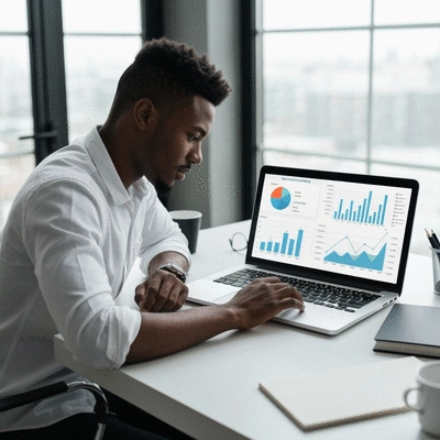 Small business owner analyzing digital marketing data on a laptop, showing growth charts