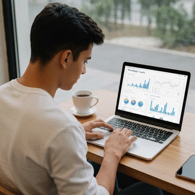 Person using a laptop to learn about new analytics trends