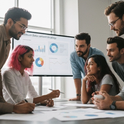 Modern marketing meeting with a diverse team collaborating on content strategy on a large screen, showing data analytics and creative ideas
