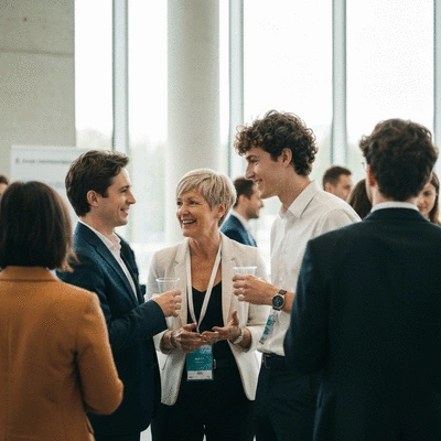 Diverse group of e-commerce professionals networking at a conference, modern setting