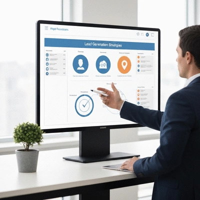 Professional demonstrating lead generation strategies on a digital display