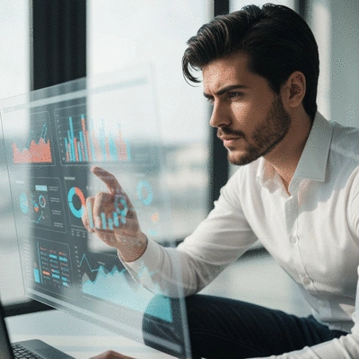 Modern professional analyzing social media trends on a transparent screen, displaying charts and graphs, no text, no words, no typography, 8K