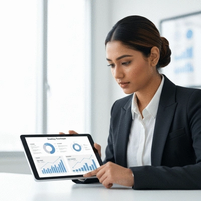 Person looking at a digital strategy roadmap on a tablet, symbolizing vision and planning