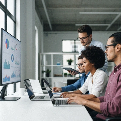 Professional team collaborating on a digital marketing strategy