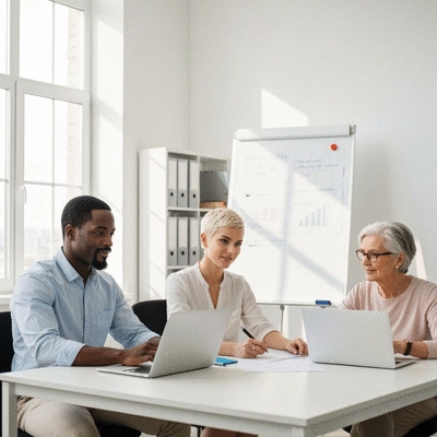 Modern office setting with diverse team collaborating on digital marketing strategies