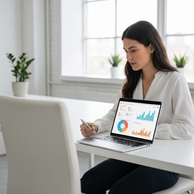 Person analyzing marketing data on a laptop with charts and graphs