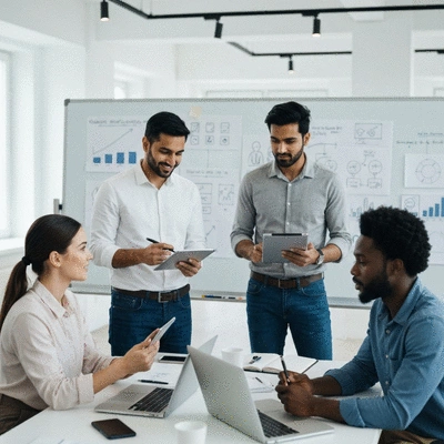 Diverse team collaborating on a digital marketing strategy, brainstorming ideas