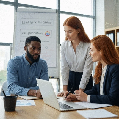 Diverse team collaborating on a lead generation strategy in a modern office