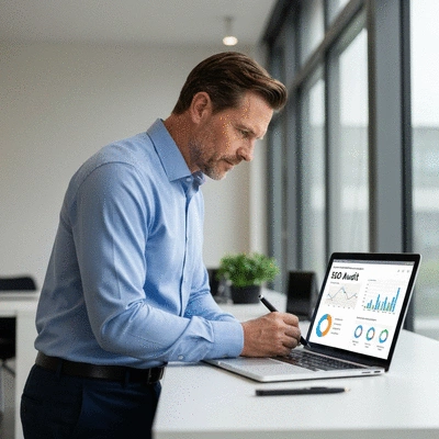 Professional conducting an SEO audit on a laptop with charts and graphs, no text, no words, no typography