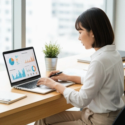 Person using a laptop to analyze marketing data with charts and graphs on screen