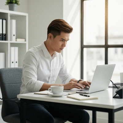 Person planning a budget-friendly digital marketing strategy on a laptop with a clean, modern desk setup