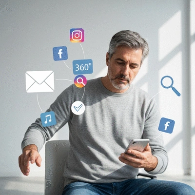 Person using a laptop with various marketing icons floating around, symbolizing a 360-degree digital marketing approach