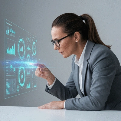 Person analyzing digital strategy components on a holographic interface