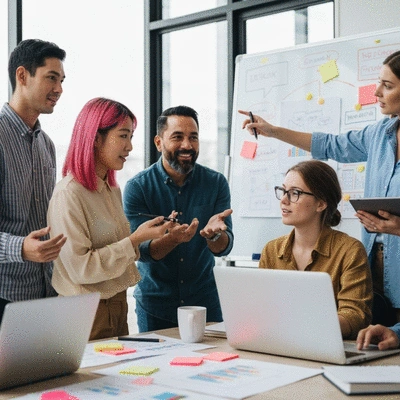 A diverse team collaborating on budget-friendly marketing strategies in a modern office environment
